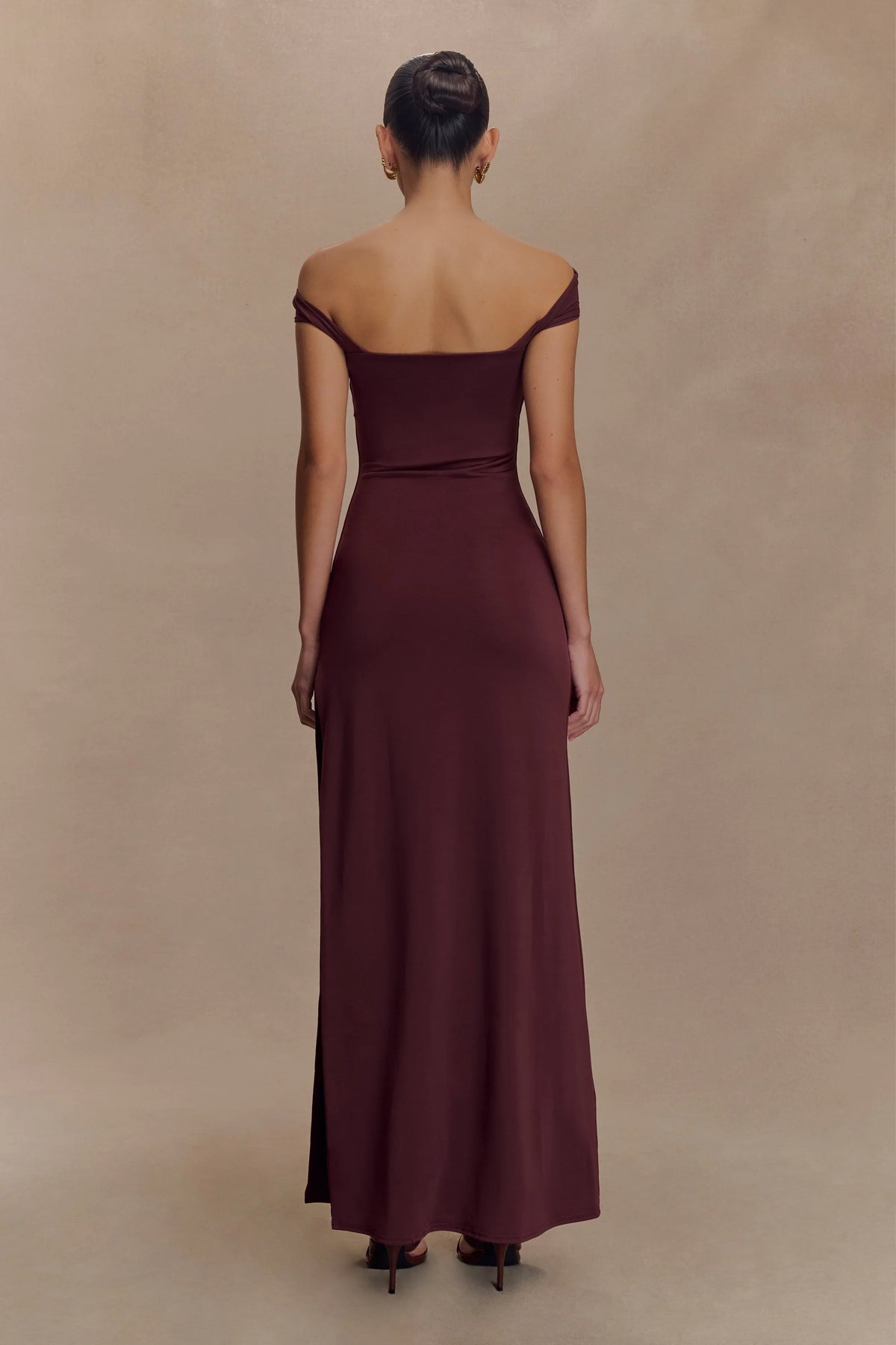 Aurora Slinky And Mesh Split Maxi Dress Mahogany