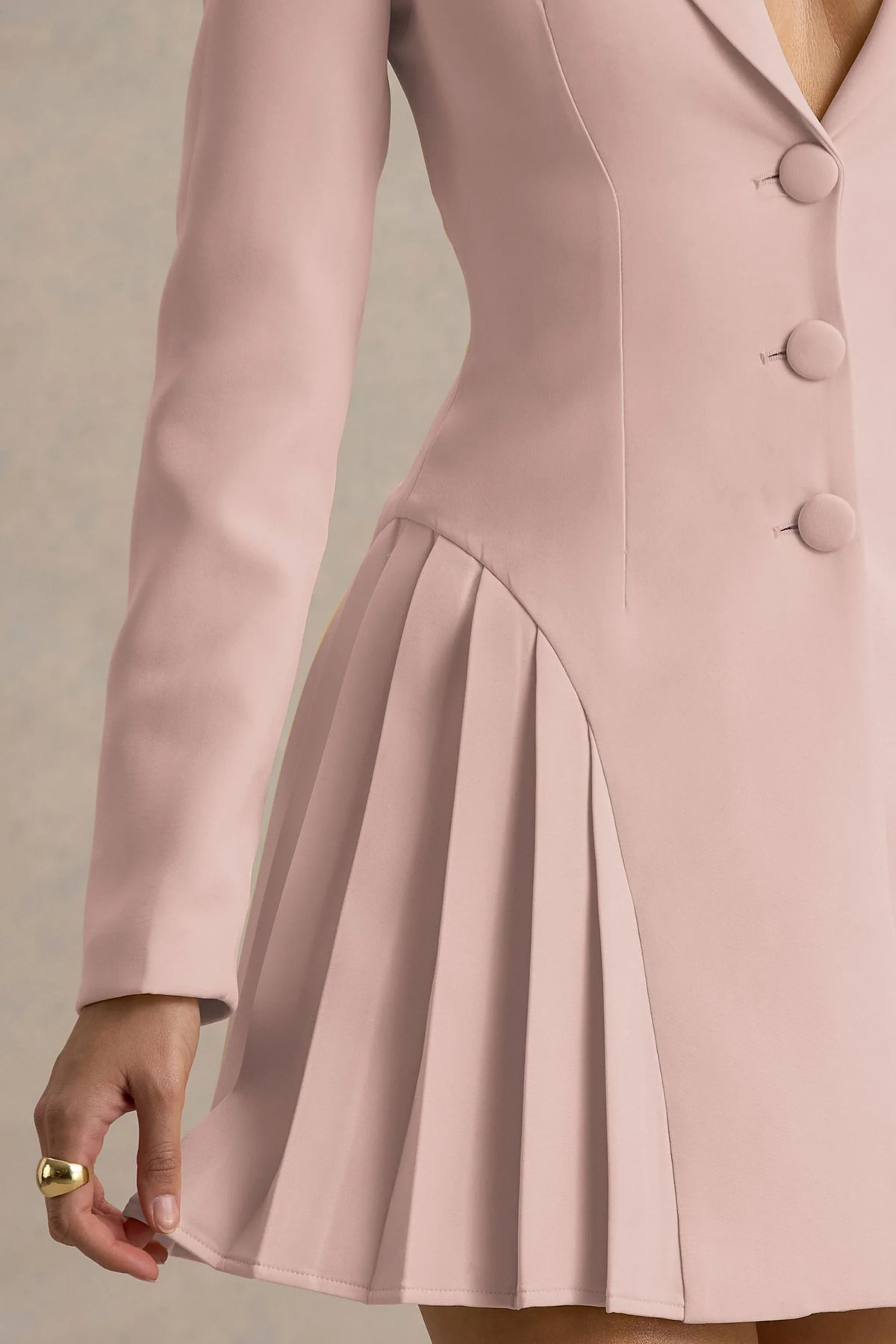 Blossoming Baby Pink Plunge Neck Tailored Mini Dress With Pleating
