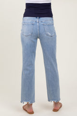 Light Blue Distressed Cutout Maternity Straight Leg Ankle Jeans