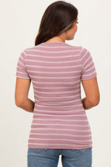 Lavender Cream Stripe Short Sleeve Round Neck Maternity Top