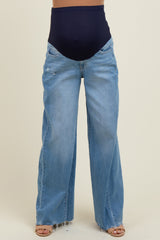 Blue Distressed Hem Super Wide Leg Maternity Jeans