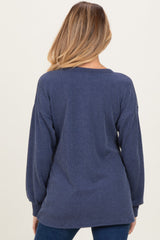 Navy Puff Sleeve Solid Ribbed Maternity Top