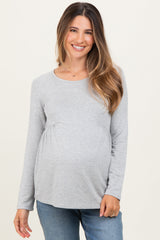 Heather Grey French Terry Long Sleeve Scoop Neck Maternity Top