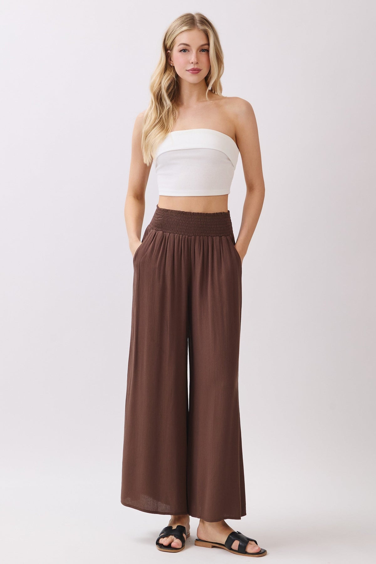 Chocolate Smocked Waist Ankle Wide Leg Maternity Pants