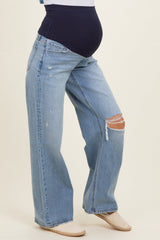 Light Blue Distressed Open Knee Maternity Wide Leg Jeans