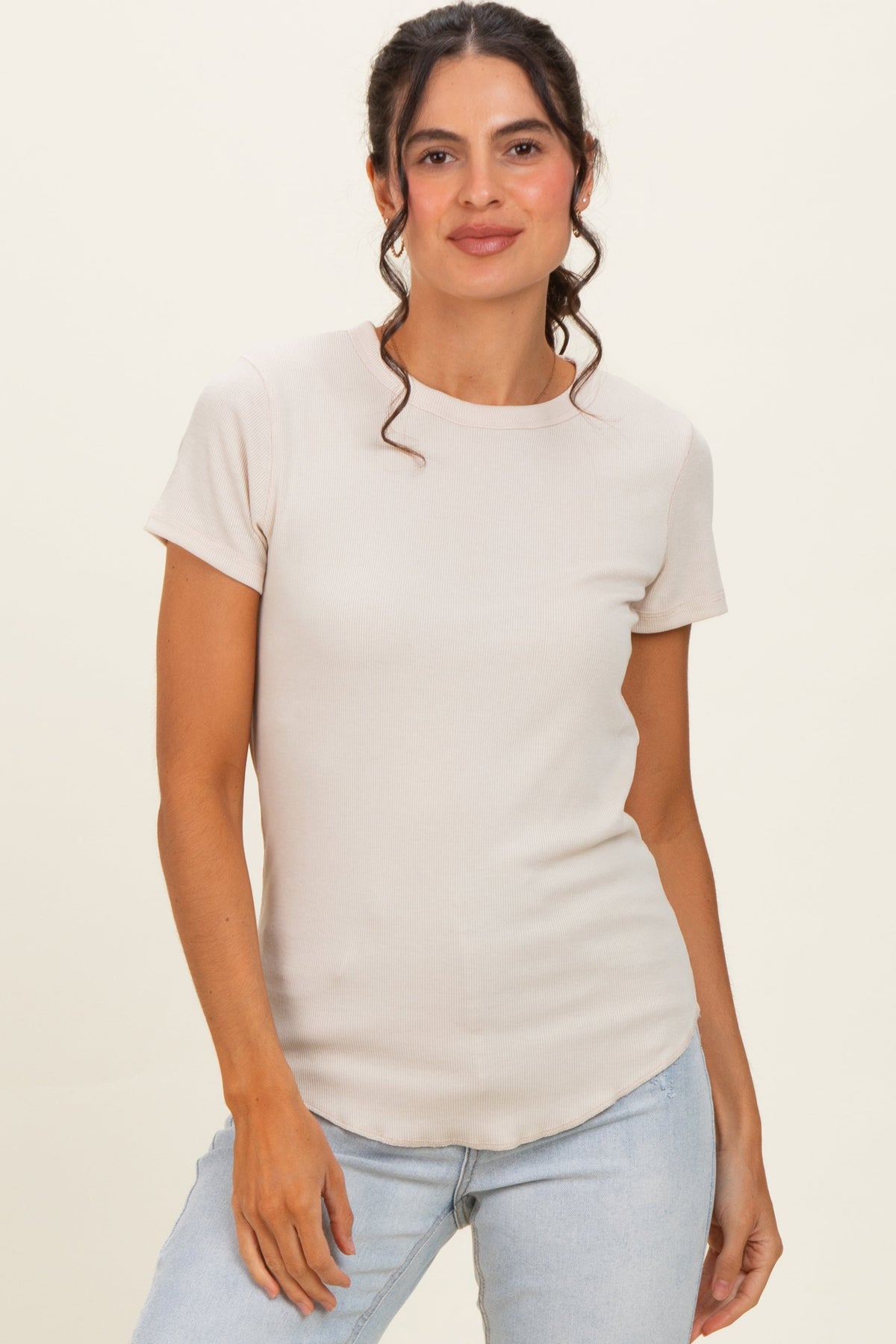 Oat Ribbed Short Sleeve Curved Hem Maternity Top
