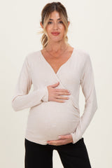 Beige Brushed Knit Wrap Front Maternity Top