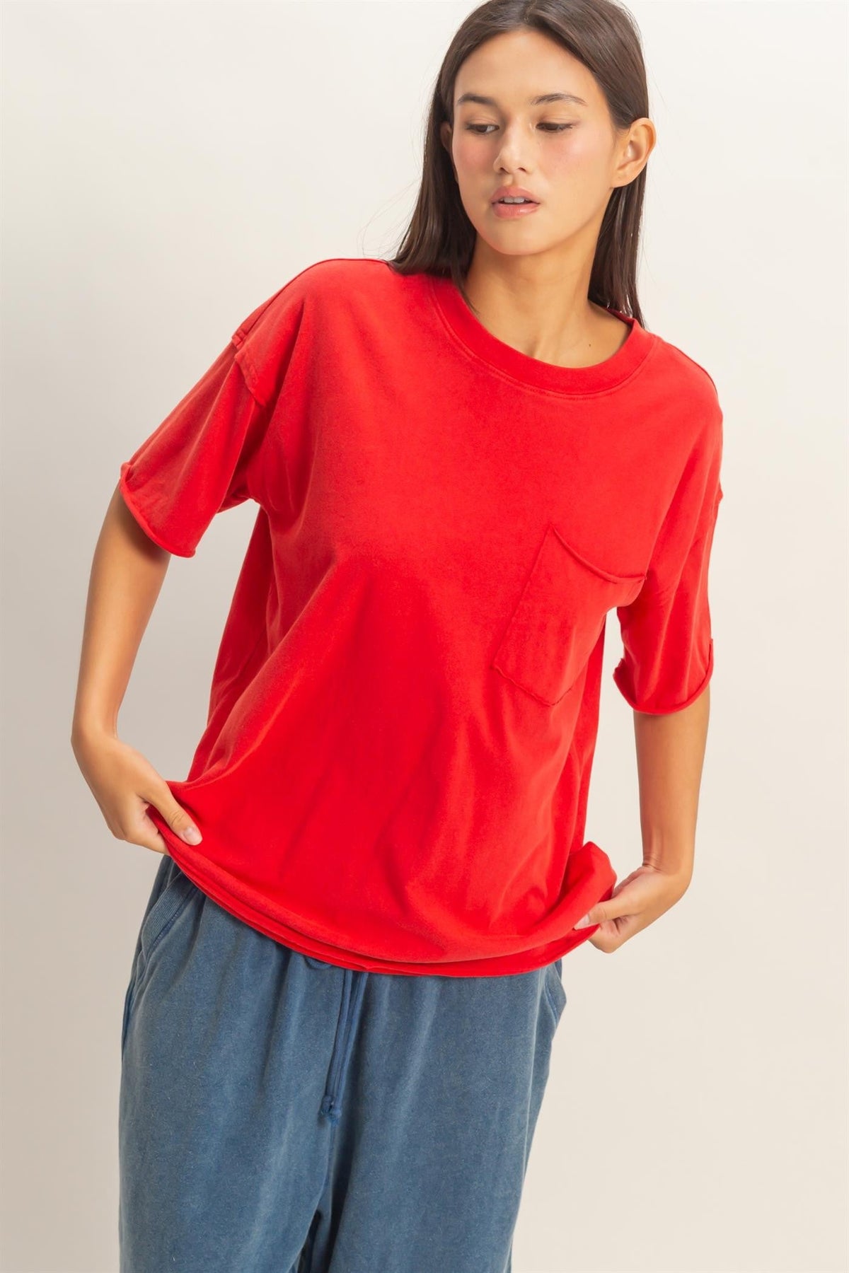Red Vintage Wash Raw Edge Pocket Maternity T-Shirt
