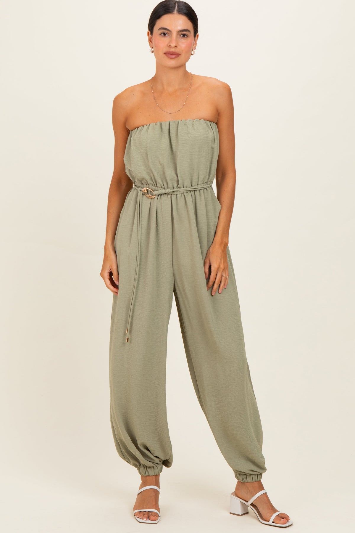 Olive Crinkled Tube Balloon Maternity Jumpsuit
