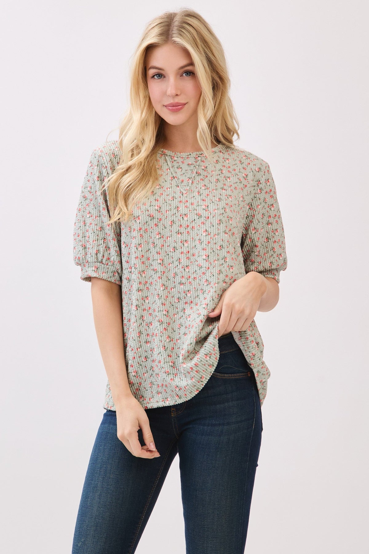Taupe Ribbed Ditsy Floral Puff Sleeve Maternity Top