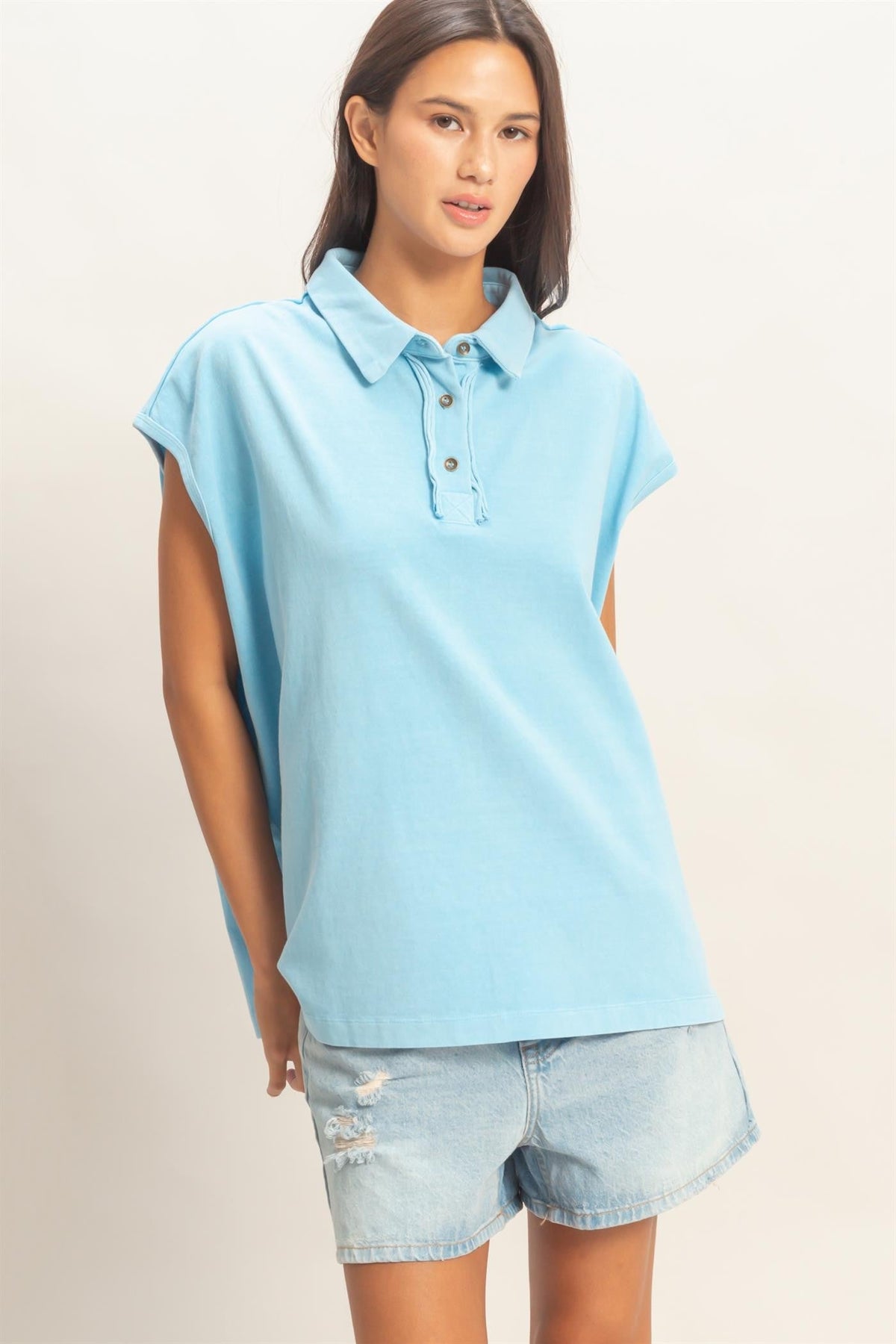 Light Blue Pigment Dye Sleeveless Polo Oversized Maternity Top