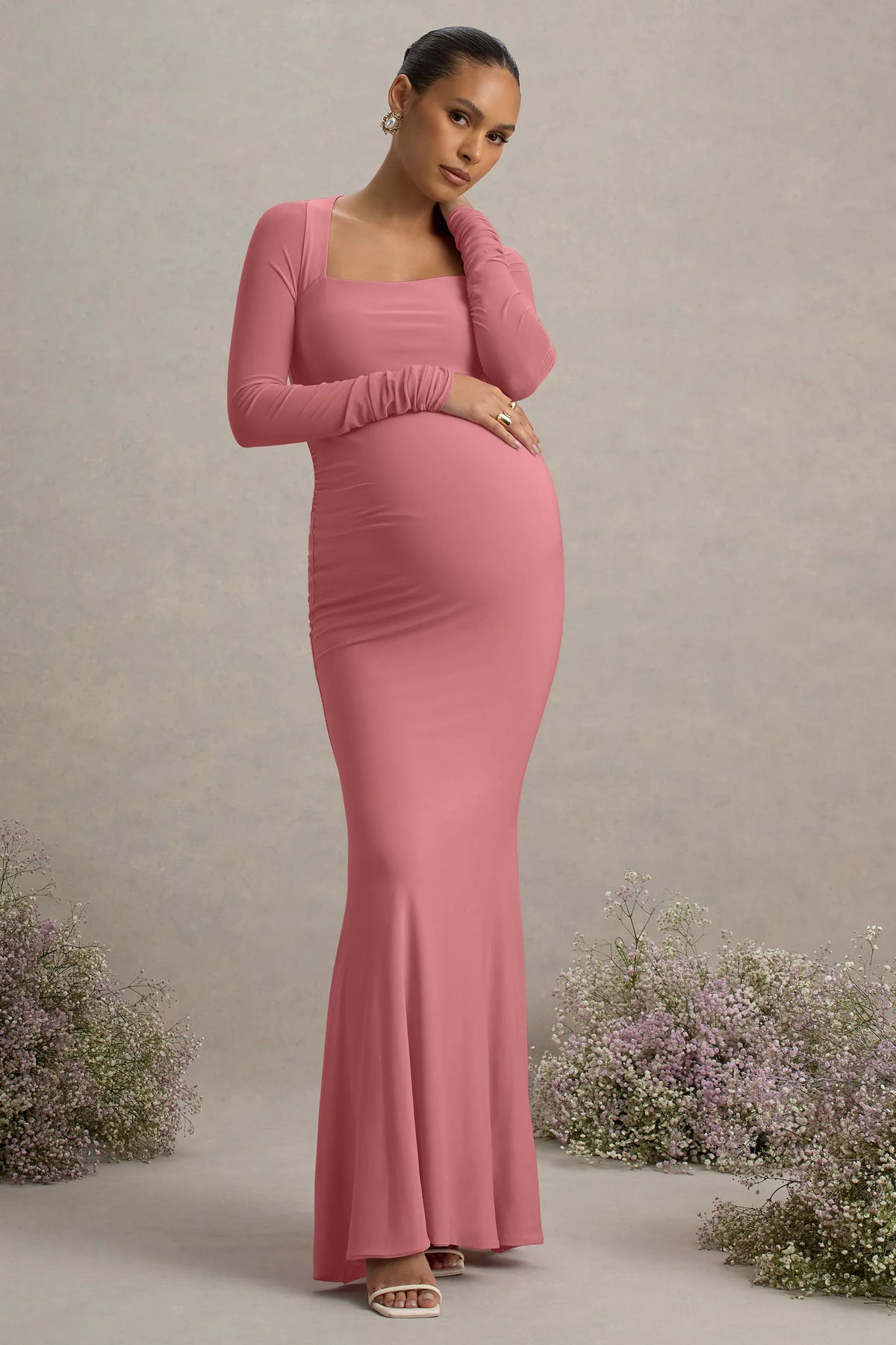 Abeam Blush Pink Maternity Maxi Dress With Sheer Sleeves