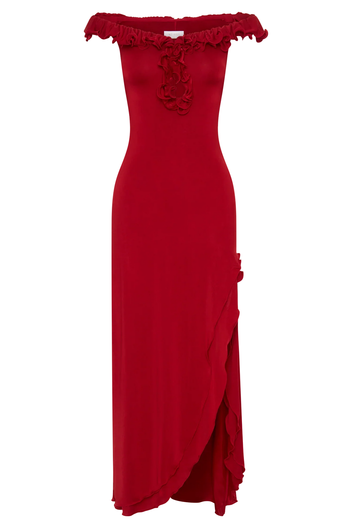 Allegra Off Shoulder Ruffle Midi Dress Ruby