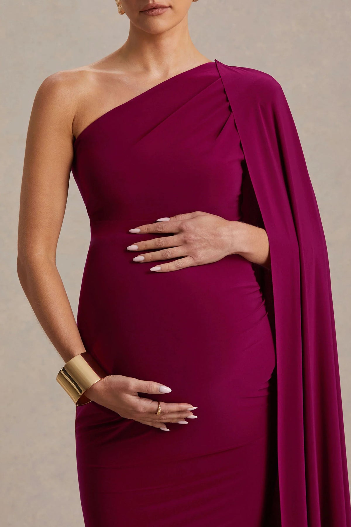 Amaryllis Berry Maternity One Shoulder Maxi Dress with Cape Sleeve