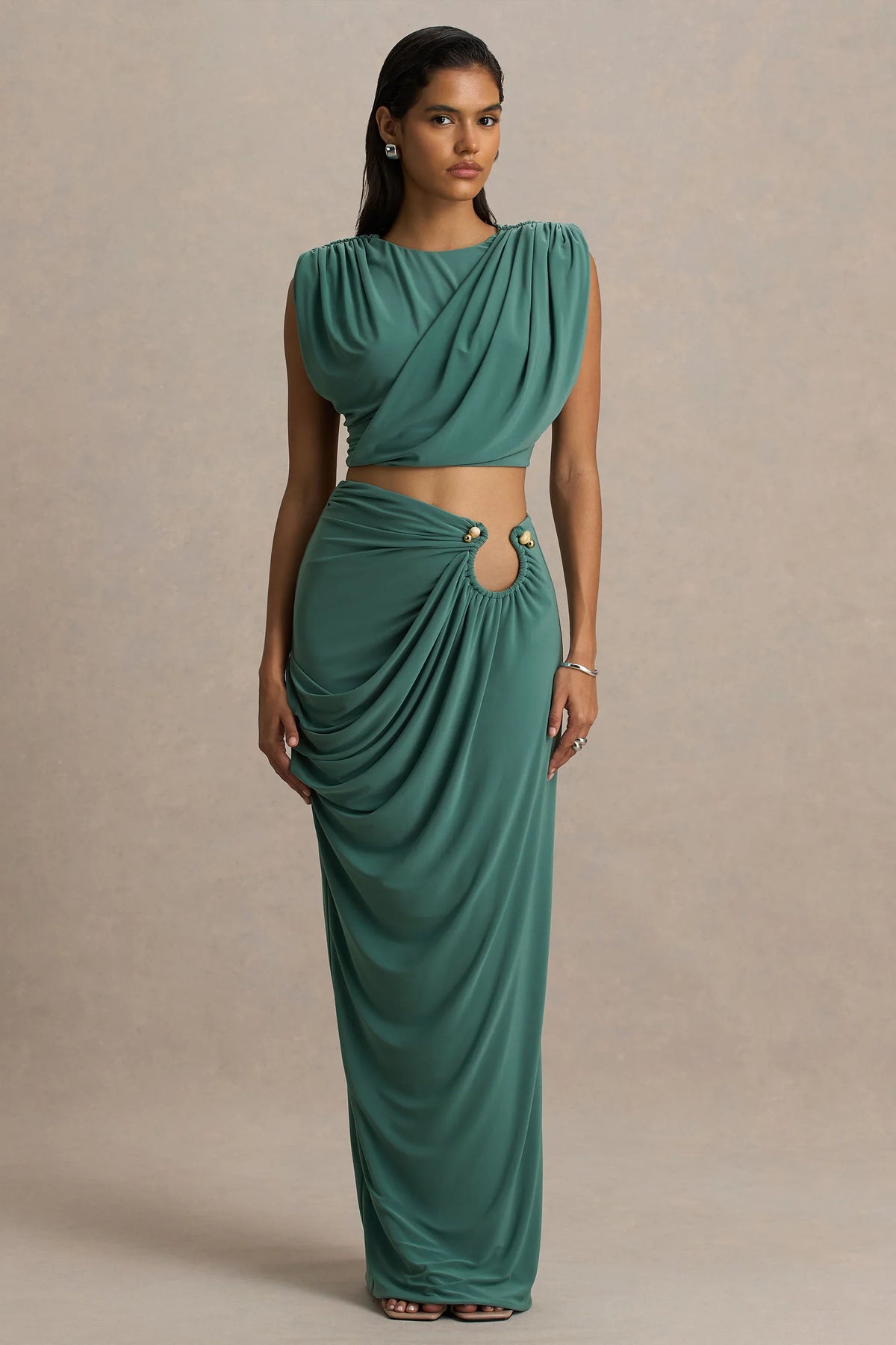 Avaline Green Wrap Maxi Skirt With Ruched Detailing