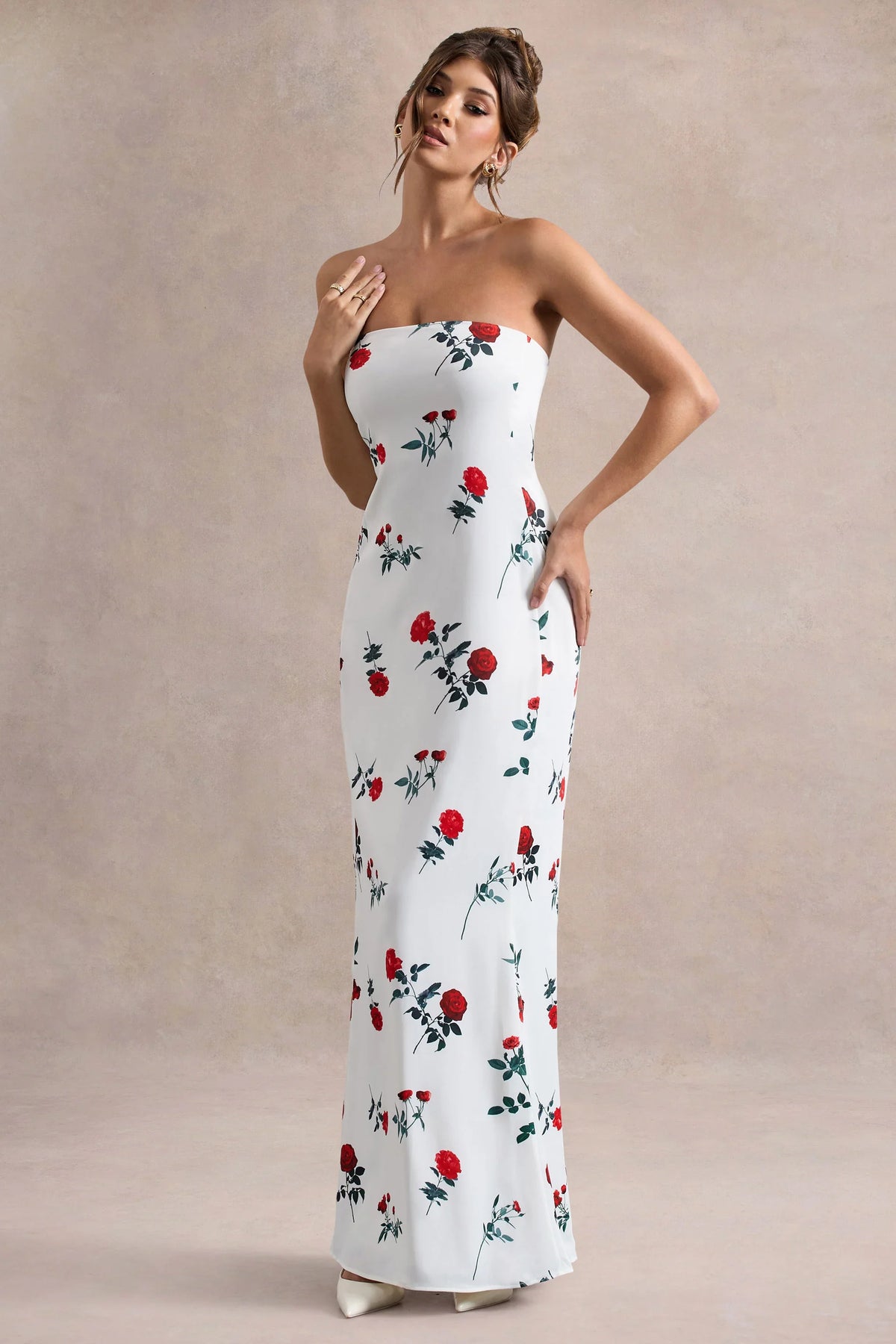 Azra Rose Print Satin Bandeau Maxi Dress