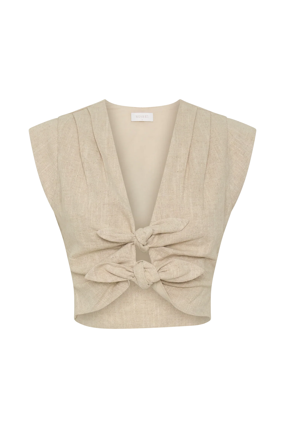 Anahita Linen Front Bows Short Sleeve Top Natural