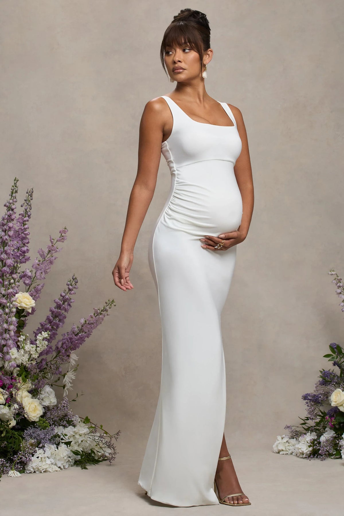 Avril White Square Neck Maternity Maxi Dress with Split