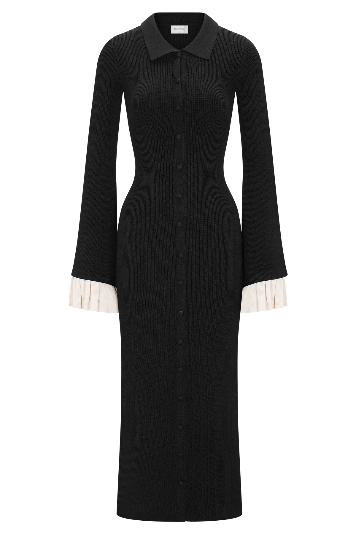 Amirose Ruffle Knit Midi Dress Black