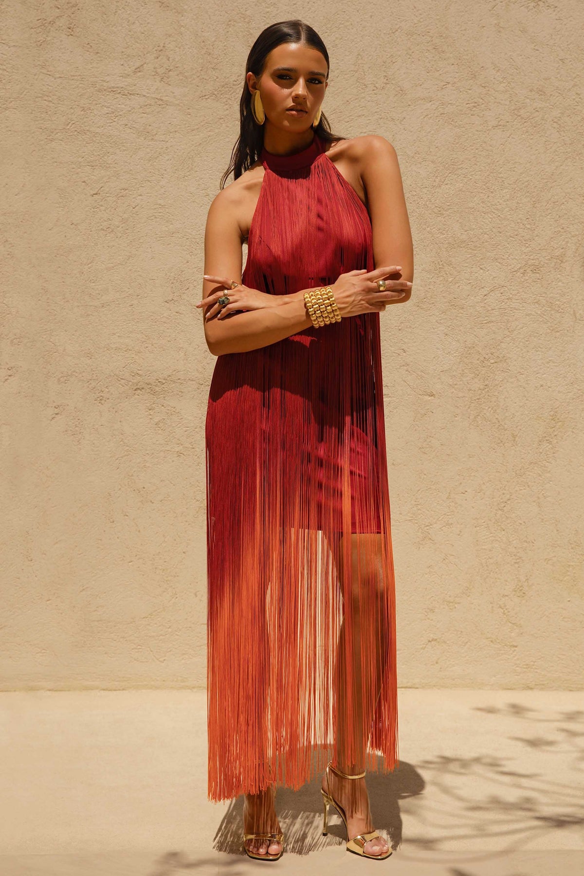Alessia Orange Ombre Fringe High Neck Maxi Dress