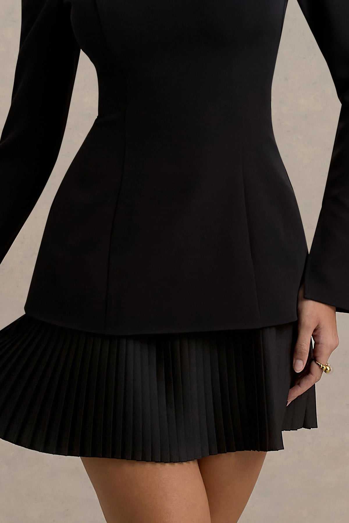 Athena Black Long Sleeve Mini Dress With Pleated Hem