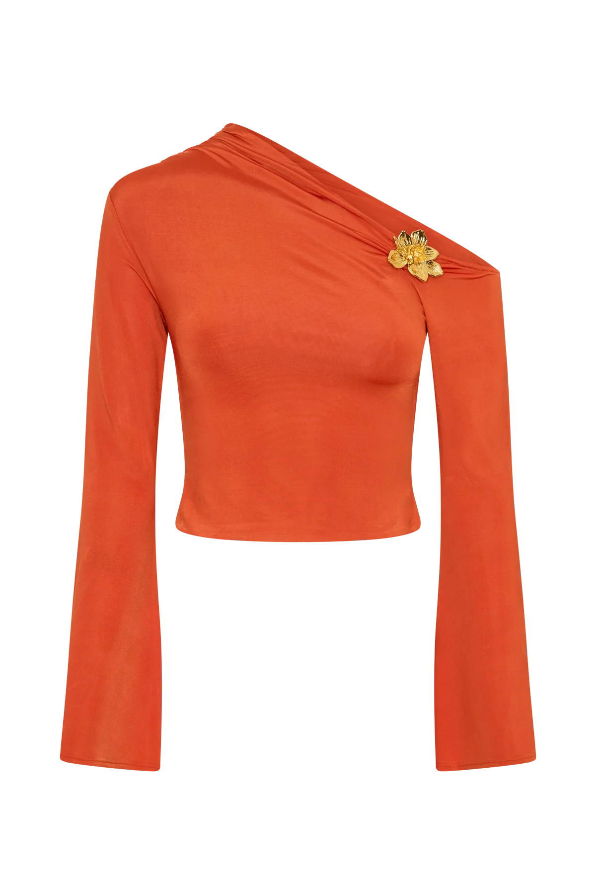 Ainsley Asymmetrical Long Sleeve Top With Floral Hardware Burnt Orange
