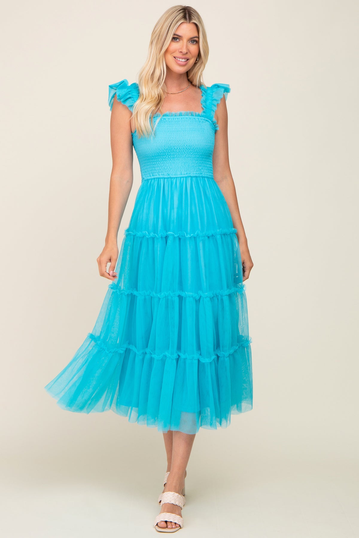 Turquoise Smocked Mesh Ruffle Accent Maternity Midi Dress