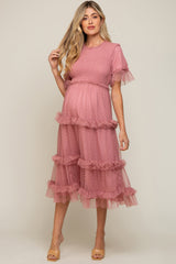 Pink Polka Dot Tulle Smocked Maternity Midi Dress