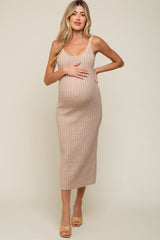 Taupe Ribbed Sleeveless Maternity Midi Dress