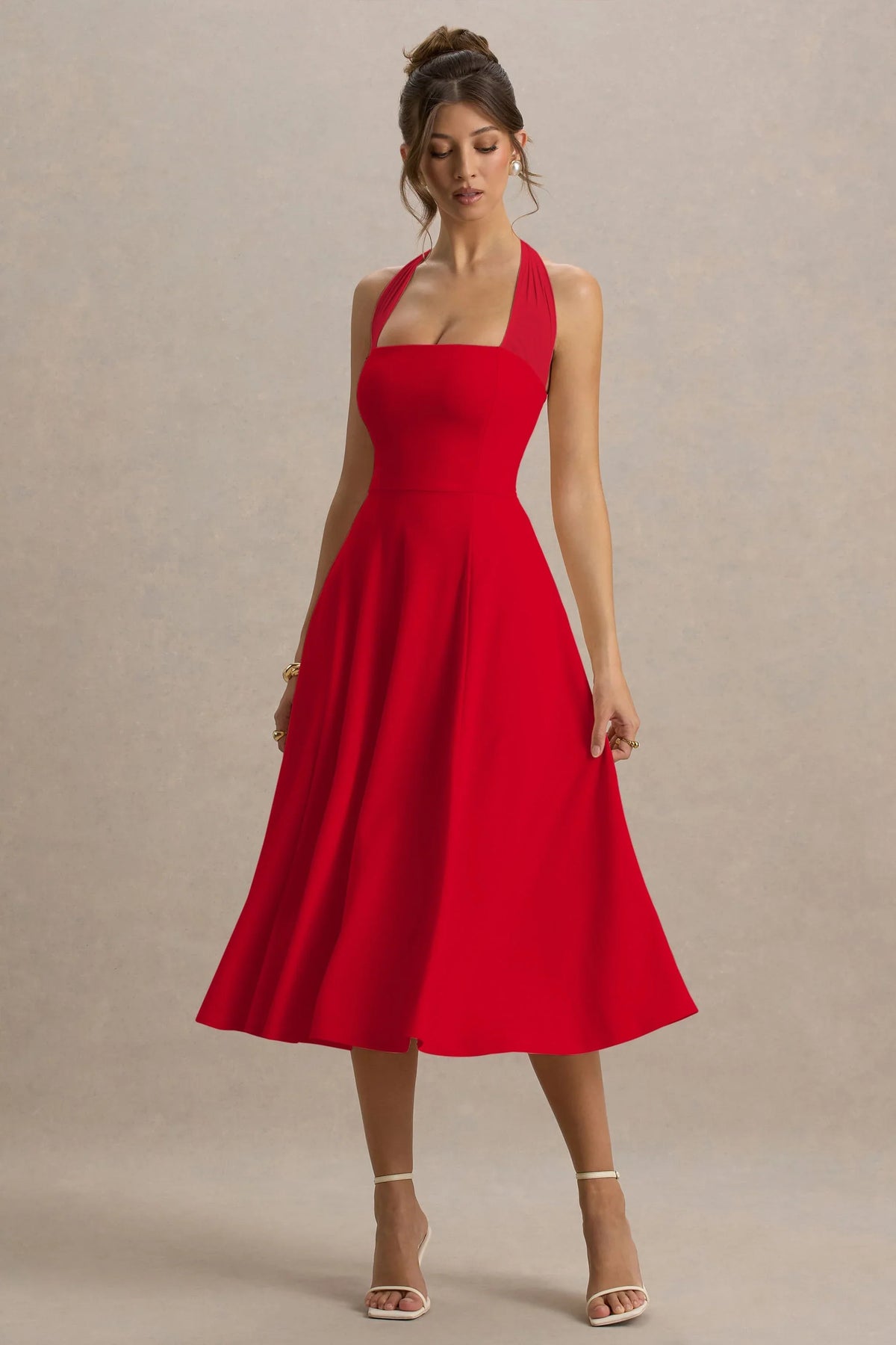 Auburn Red Halter Skater Midi Dress