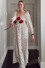 Cream Floral Smocked Long Sleeve Maternity Maxi Dress