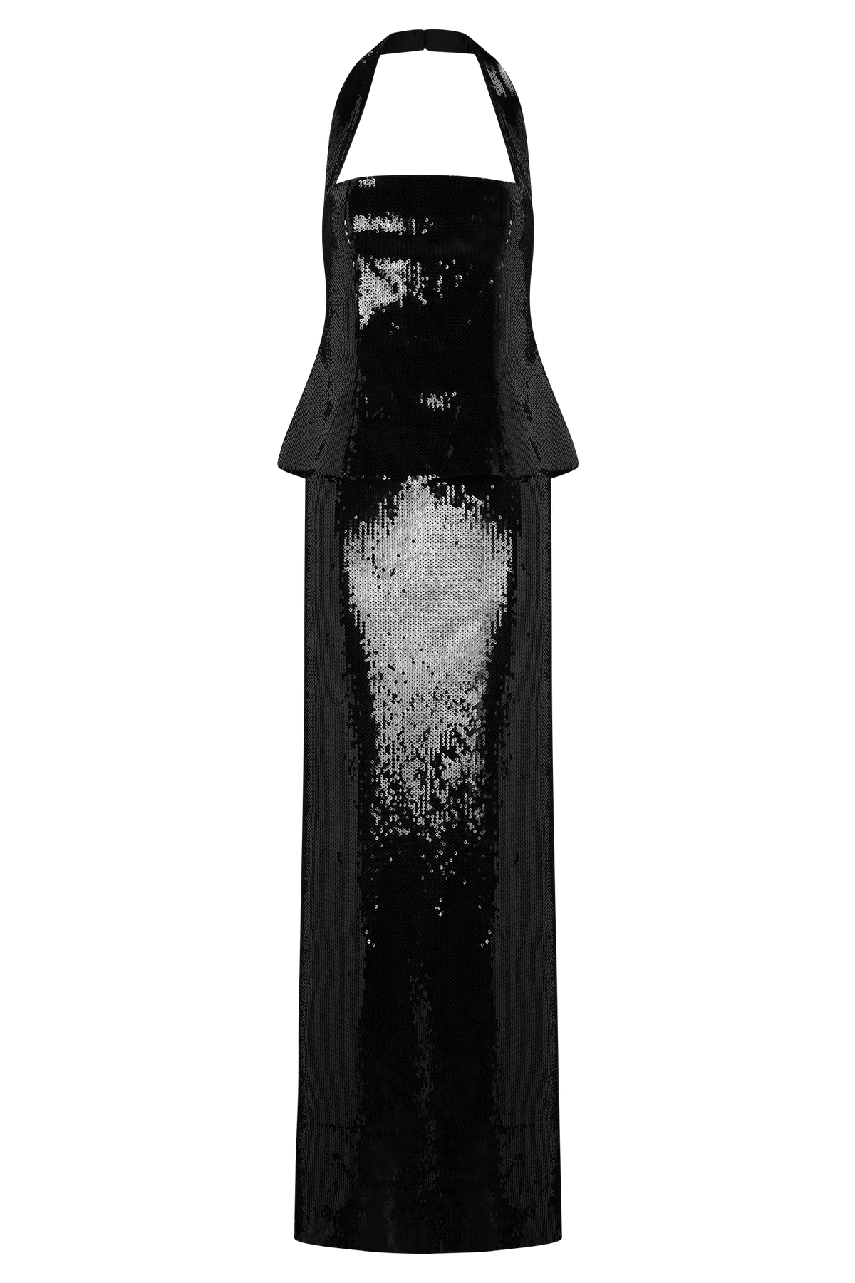 Bertie Sequin Peplum Halter Maxi Dress Black