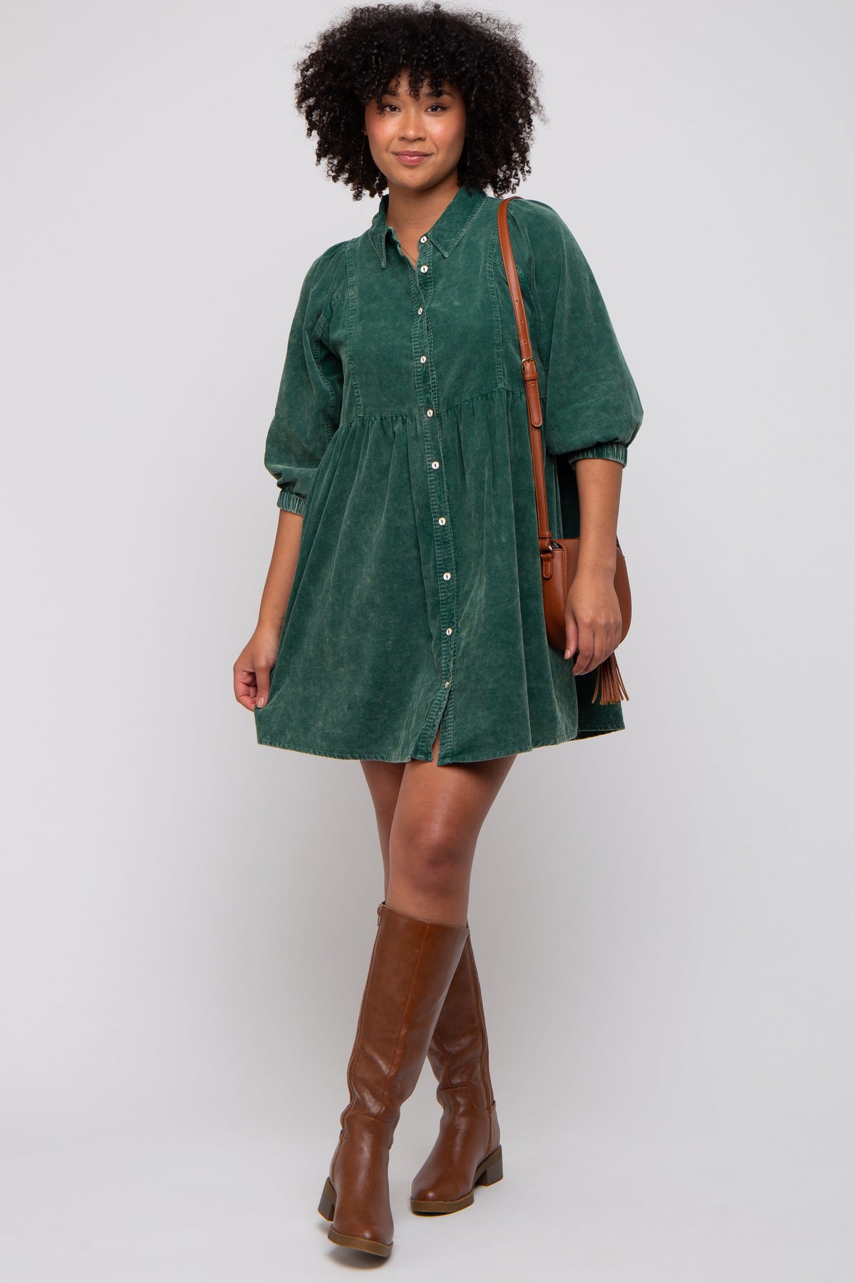 Green Corduroy Button Down Collared Maternity Dress