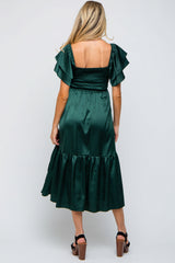 Forest Green Satin Flutter Sleeve Maternity Midi Dress