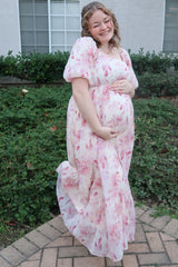Red Puff Sleeve Square Neck Maternity Dress