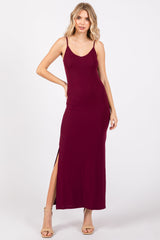 Burgundy Ribbed Side Slit Maternity Maxi Dress