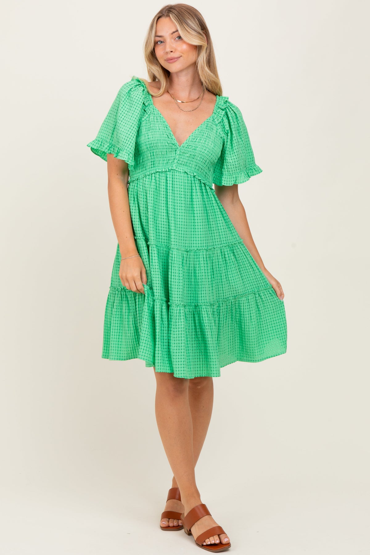 Green Smocked V-Neck Ruffle Short Sleeve Tiered Maternity Dress