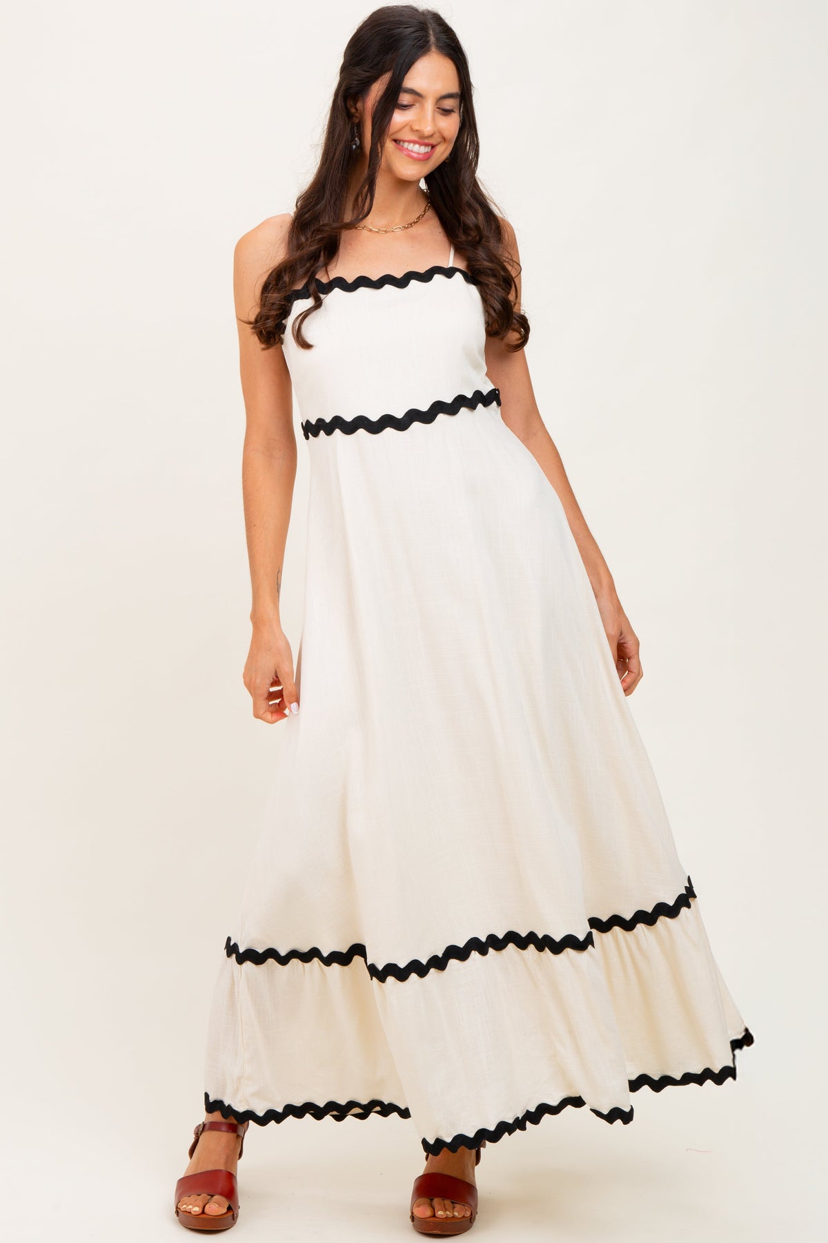 Beige Colorblock Trim Maternity Midi Dress