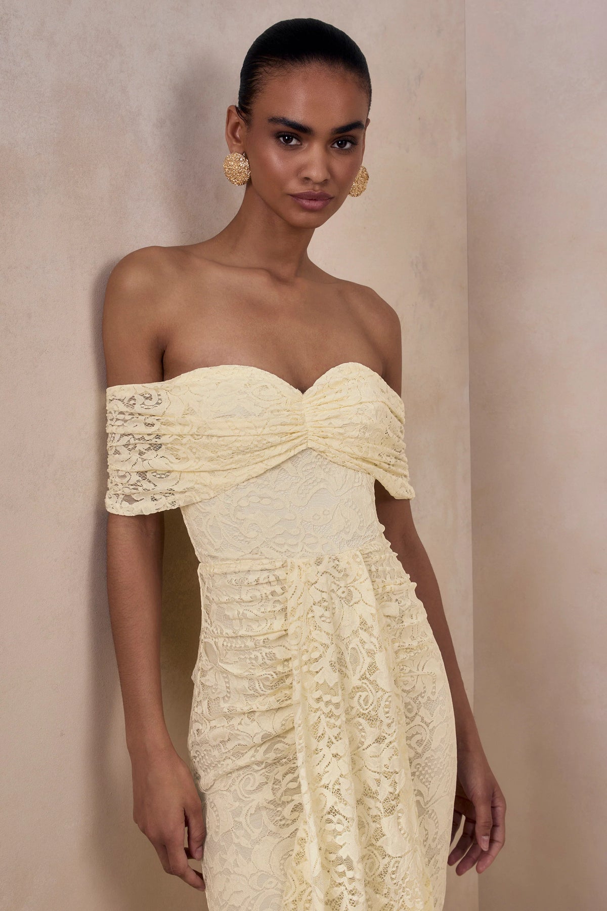 Aries Lemon Lace Bardot Neck Maxi Dress With Gathered Detailing