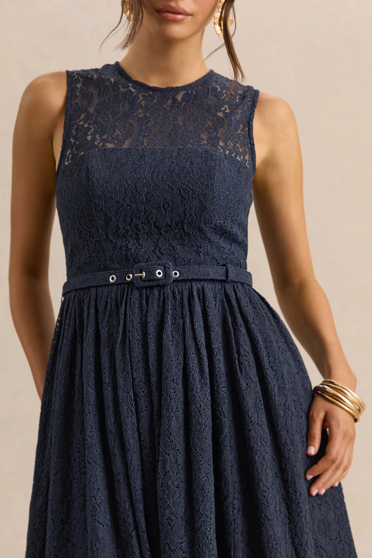 Anabella Navy Lace Crew Neck Belted Midi Dress
