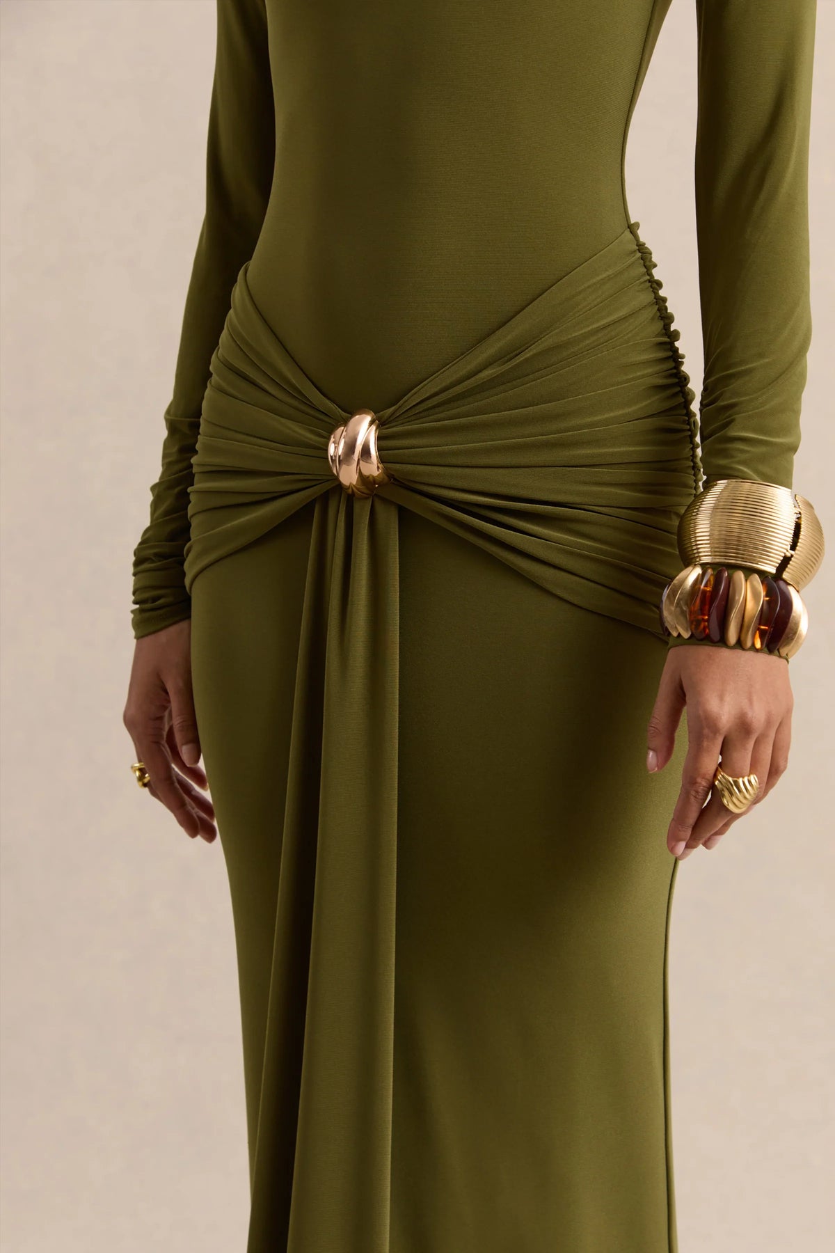 Ambrette Olive High Neck Maxi Dress With Gathered Detailing