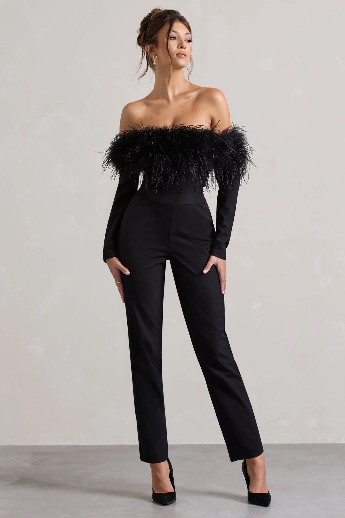 Ales Black Bardot Tailored Straight Leg Jumpsuit With Feather Trim