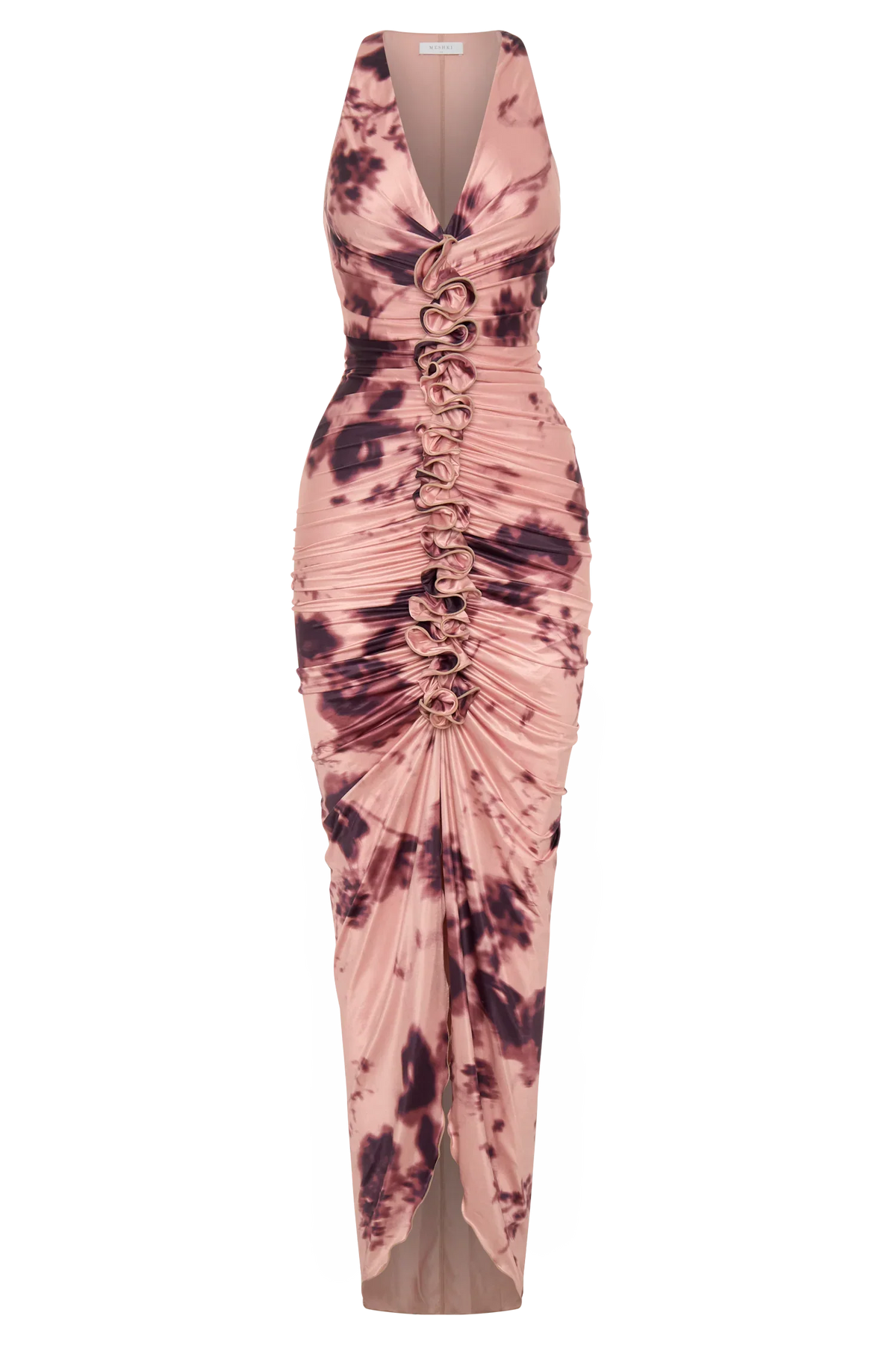 Alessandra Slinky Ruffle Maxi Dress Pink Blurred Floral Print
