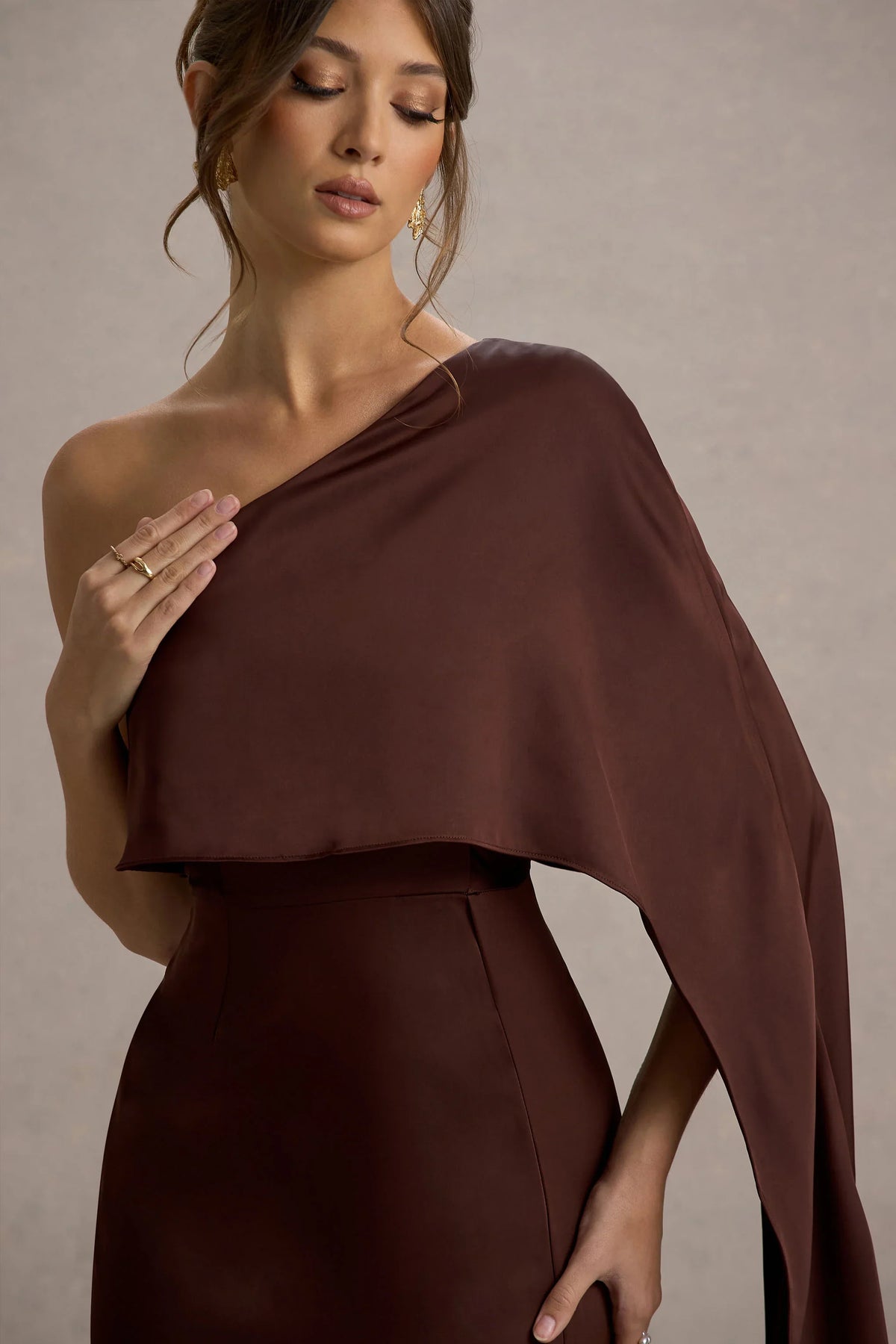 Amora Brown Satin Asymmetric Cape Sleeve Split Maxi Dress
