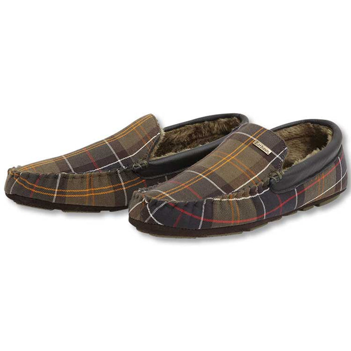 Barbour Monty men's slippers in brown tartan plaid with a soft faux fur lining and durable rubber sole.