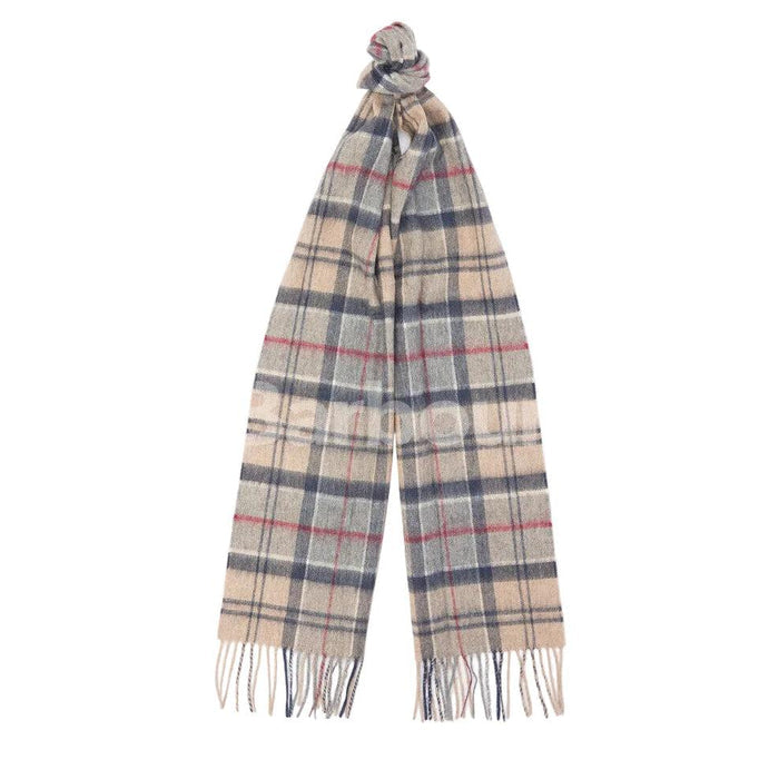 Barbour merino wool and cashmere tartan scarf in beige with navy and red plaid patterns and a fringed hem.