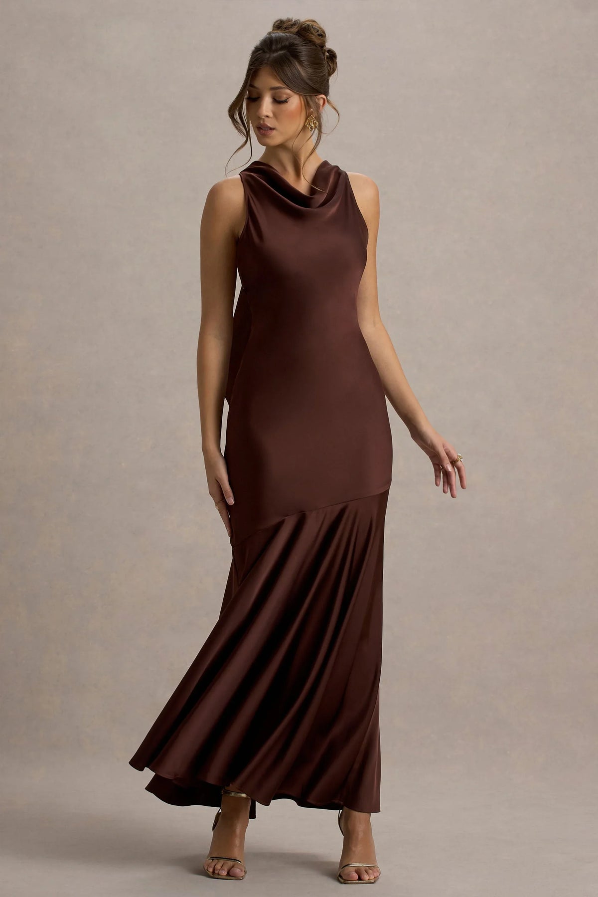 Amelita Brown Satin Cowl Neck Maxi Dress