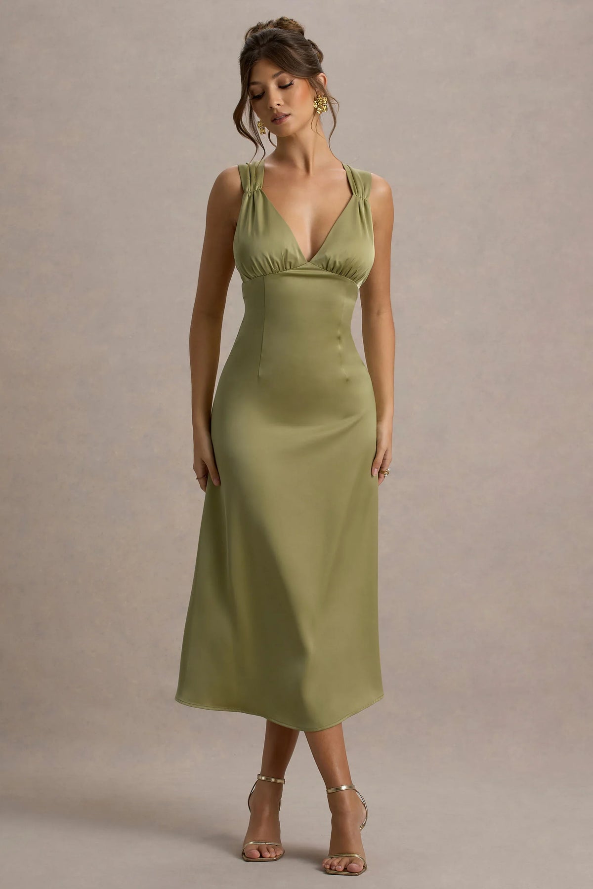 Beck Light Green Satin Plunge Neck Cross Back Midi Dress