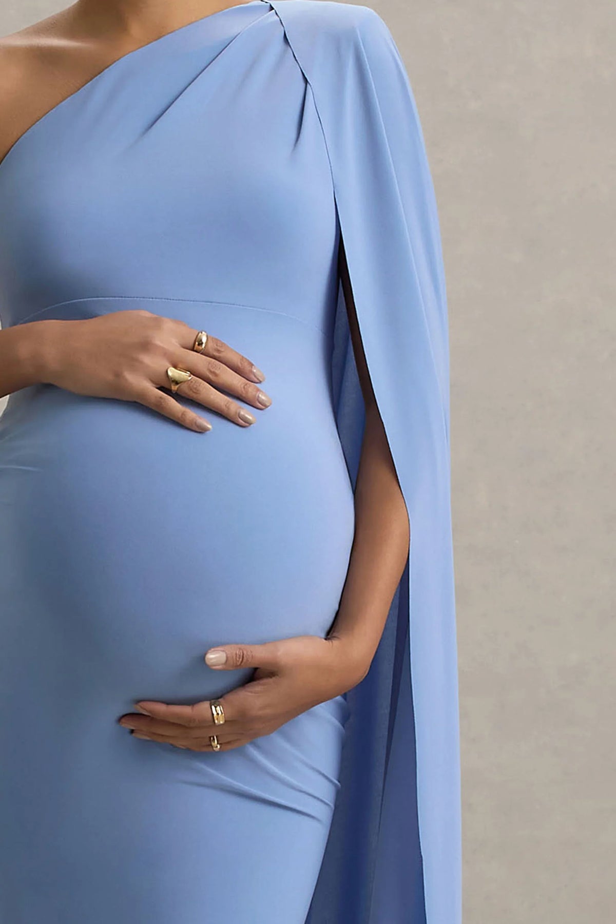 Amaryllis Powder Blue Maternity One Shoulder Maxi Dress with Cape Sleeve
