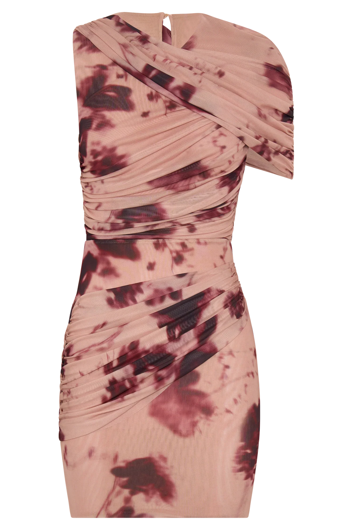 Adrienne One Shoulder Mesh Mini Dress Nude Blurred Floral Print